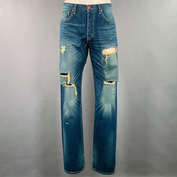 BLVCK SCVLE Size 36 Blue Distressed Button Fly Jeans - Picture 1 of 6